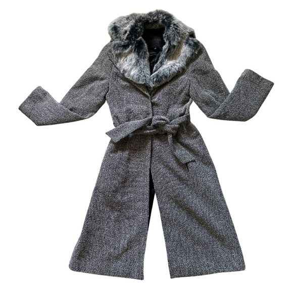 Guess Gray Winter Coat Faux Fur Collar Wool Blend Long Belted Pockets Women’s 2 - Picture 10 of 13